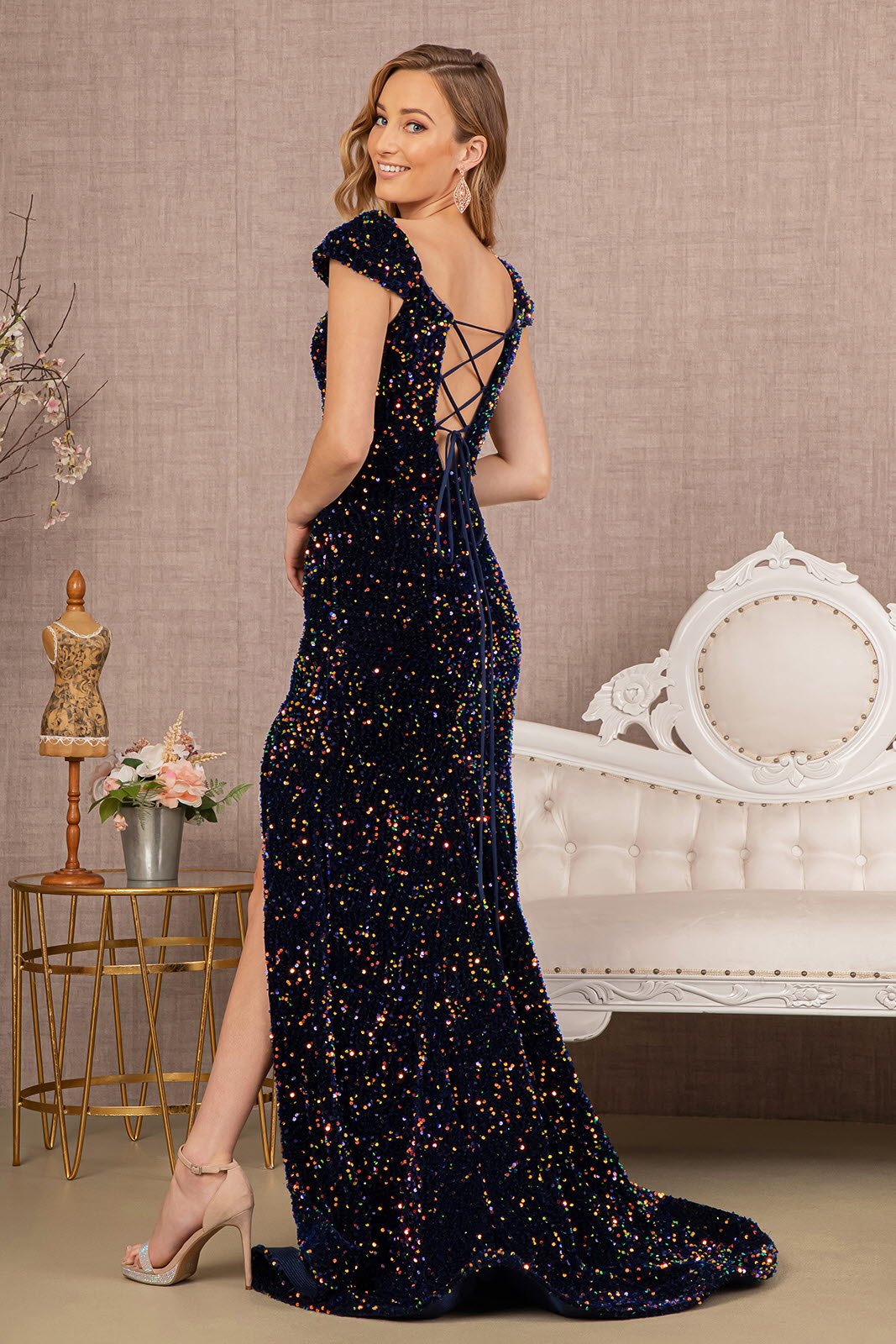Sequin Off Shoulder Lace-up Back Velvet Mermaid Long Prom Dress GLGL3148 - Finanzasymercado